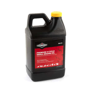 黑色壺裝 Briggs & Stratton 小型引擎機油，配有紅色標籤和黃色蓋子。