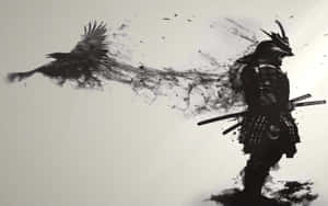 黑色墨水潑濺藝術中的武士戰士與烏鴉 — 烏鴉 壁紙