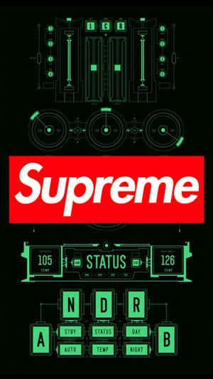 帶有紅色Supreme標誌的未來感綠色數位控制面板。 — 酷炫iPhone 壁紙