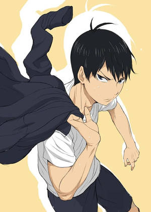 動漫男孩以運動姿勢將外套拉過肩膀，表情堅定。 — 影山飛雄 壁紙