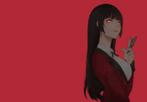 紅眼動漫女孩穿著紅色制服拿著刀。 — 狂賭之淵 壁紙