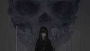 動漫女孩穿著黑色連帽衫，面對昏暗房間中發光的骷髏壁畫。 — 暗黑動漫風格GIF 壁紙