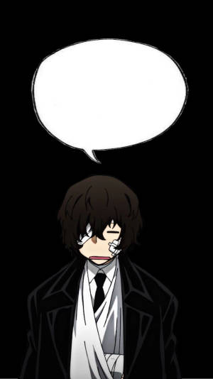 動漫男孩穿著黑色西裝和白色圍巾，眨眼並帶有空白對話氣泡。 — 太宰 壁紙