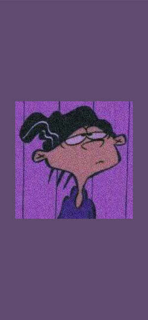 戴眼鏡的卡通女孩在紫色木頭前看起來很無聊。 — 卡通 壁紙