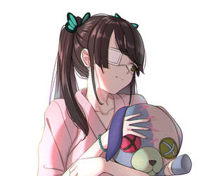 穿著粉紅色睡袍的動漫女孩，溫柔地抱著一隻縫補過的泰迪熊。 — 日本動漫 壁紙