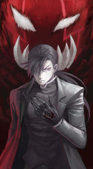 穿著灰色西裝的動漫男子，身後有紅色惡魔面孔。 — 金錢 壁紙