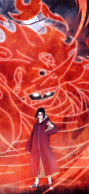 身穿紅色斗篷的動漫角色面對一個眼睛發光的火焰紅色惡魔。 — 佐助 須佐能乎 壁紙