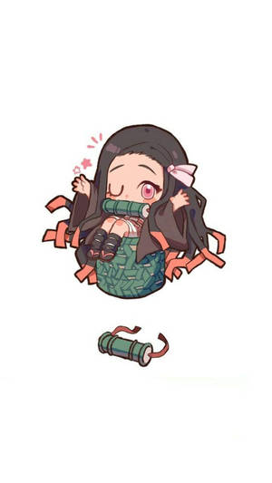 Q版動漫女孩在綠色籃子裡，配有橙色絲帶和粉紅色蝴蝶結