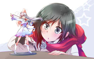 黑髮紅圍巾的女孩好奇地看著拿著劍的動漫公仔。 — Rwby 壁紙