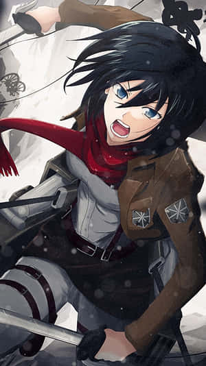 動漫女孩穿著冬季戰鬥裝備在雪地中揮劍 — 進擊的巨人 角色 壁紙