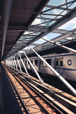 高架車站玻璃屋頂下的銀色列車，陽光投下陰影 — Huawei MatePad 壁紙