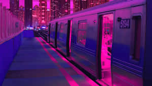 未來城市夜晚的霓虹粉紅和藍色地鐵列車。 — 霓虹紫 壁紙