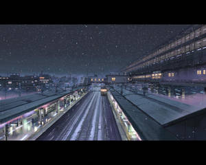 在星空下，發光的燈光中，夜間的火車站飄著雪。 — 秒速5公分 壁紙