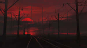 火車在鐵軌上，紅色夕陽，電線和霧氣 — 日落 壁紙