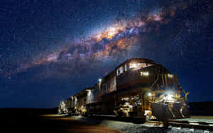 夜晚銀河系下的火車，帶有發光的燈光和星空。 — Steam Deck 壁紙