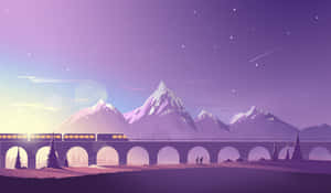 火車在暮色中穿越拱橋，背景有雪山和星空。 — 山景 壁紙