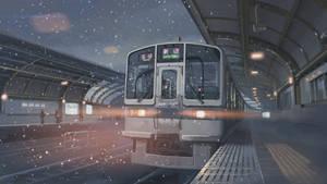 銀色火車在星光夜空下的雪地車站，伴隨著閃爍燈光。 — 日式藝術 壁紙