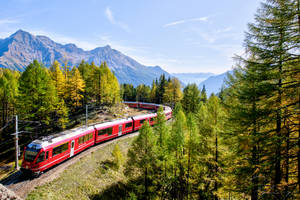 紅色火車穿過秋日森林，背景有山脈 — 地鐵 壁紙