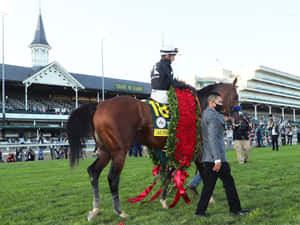 戴紅色花環的勝出馬匹由騎師和馬伕帶領在賽馬場。 — 賽馬 壁紙