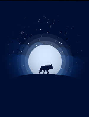一隻狼在夜間滿月下的山丘上行走，上方有星星。 — 卡通 壁紙
