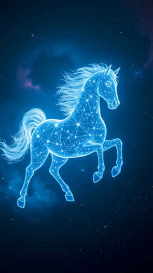 一匹由星星和線條組成的發光藍色馬奔馳在星塵和星雲的宇宙天空中。 — 1440x2560 壁紙