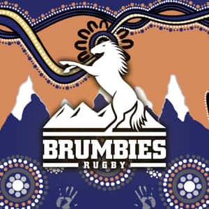 Brumbies Rugby 標誌，以白色馬匹在山脈上搭配原住民點畫藝術圖案。 — 野生動物 壁紙