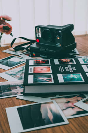 復古Polaroid相機和相簿被即時底片照片包圍在木質表面上。 — Huawei MatePad 壁紙
