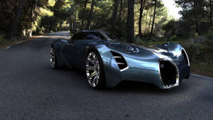未來主義藍色跑車在森林道路上，陽光穿過樹木照射 — Bugatti iPhone 壁紙
