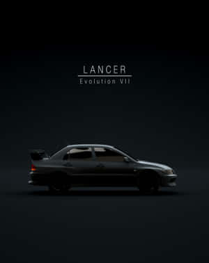 深灰色Lancer Evolution VII轎車在攝影棚燈光下帶有文字疊加。 — Apple Watch Ultra 壁紙
