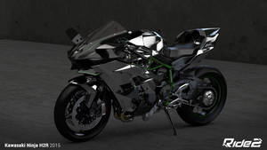 時尚黑色Kawasaki Ninja H2R 2015機車，帶有綠色點綴，在混凝土車庫中。 — 黑色 壁紙