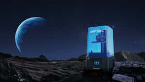 在星空下，新月形行星上的3D列印機。 — 3D 壁紙
