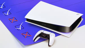 PlayStation 5主機和控制器放在一個帶有勾選和叉號方格的藍色清單上。 — PS5 動態圖片 壁紙