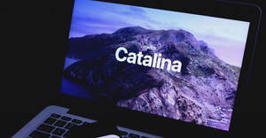 筆記型電腦顯示 macOS Catalina 啟動畫面，帶有山脈桌布。 — 美學 Mac 壁紙