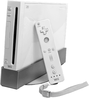 白色 Nintendo Wii 主機和控制器放在支架上，背景為黑色。