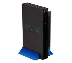 黑色PlayStation 2主機，藍色標誌，藍色支架，白色背景 — 酷炫遊戲 壁紙