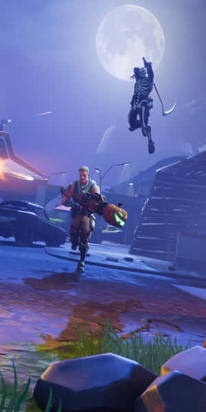 滿月下，Fortnite玩家在廢墟城市中衝刺經過一個骷髏敵人。 — 電玩遊戲 GIF 壁紙