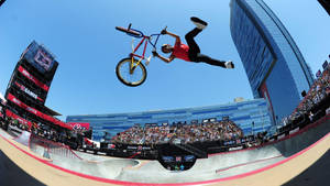BMX車手在戶外城市滑板公園表演空中特技，人群歡呼。 — X Games 壁紙