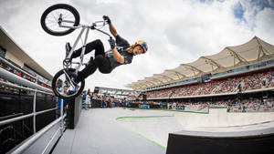 BMX車手在體育館活動中在觀眾面前表演花式。 — X Games 壁紙