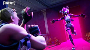 Fortnite玩家在一個有泰迪熊的霓虹房間中與紫色熊對峙。 — 酷炫的《要塞英雄》 壁紙