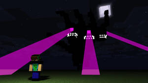 Minecraft玩家在夜晚與終界龍對峙，伴有紫色光束。 — 凋零風暴 壁紙