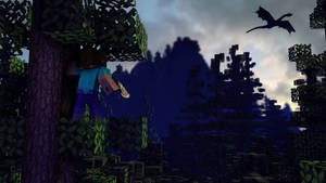 Minecraft玩家在黑暗森林中爬樹，龍在夜間飛翔。 — 高解析度龍 壁紙