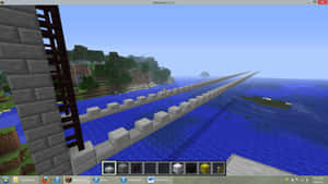 玩家在Minecraft中建造石橋橫跨海洋通往森林島嶼。 — 塔橋 壁紙