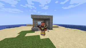 Minecraft角色站在海灘上的石拱門旁，有草和海洋 — 我的世界苦力怕 壁紙