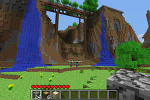 Minecraft玩家面對石頭廢墟，有藍色瀑布和綠色草地。 — MacBook Air 壁紙