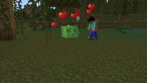 Minecraft玩家手持劍面對有漂浮愛心的殭屍在森林中。 — 我的世界 壁紙