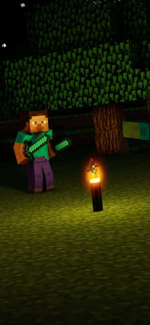 Minecraft角色在黑暗森林中靠近發光火炬手持劍 — Pixel 11 Pro XL 壁紙