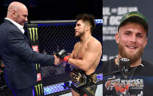 UFC拳手戴冠軍腰帶在八角籠內與Dana White握手，另一名拳手在記者會麥克風前微笑。 — 終極格鬥冠軍賽 壁紙