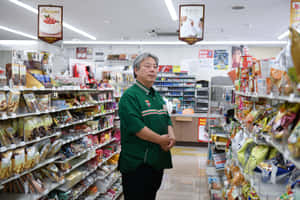 一名店員站在光線充足的便利商店通道中，周圍環繞著零食產品。 — 7-ELEVEN 壁紙