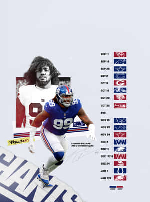 足球運動員 Leonard Williams 身穿巨人隊球衣，跑過比賽日程表。 — 運動 壁紙