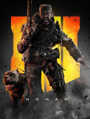 一名士兵帶著一隻狗在火熱的橙色背景前吠叫。 — 決勝時刻：黑色行動4 壁紙